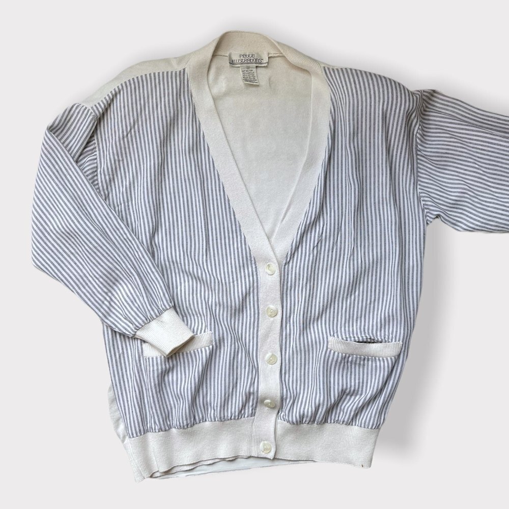 Vintage Blue & White Pinstripe Cardigan Sweater - Picture 1 of 9